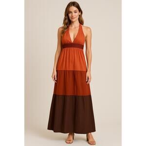 Y2K BCBG Paris Bohemian Cotton Tiered Halter Maxi Dress Color Blocked Size 2